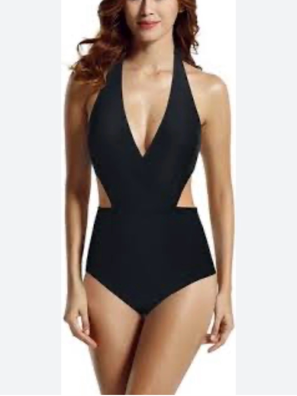 Zeraca Deep V Halter One-Piece Swimsuit, Size L/14 Color Black